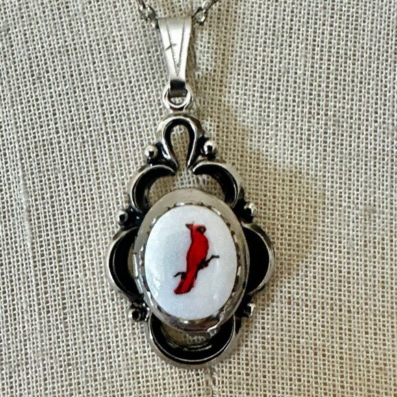 Silver-Tone Porcelain Cardinal Pendant Necklace - Picture 1 of 10